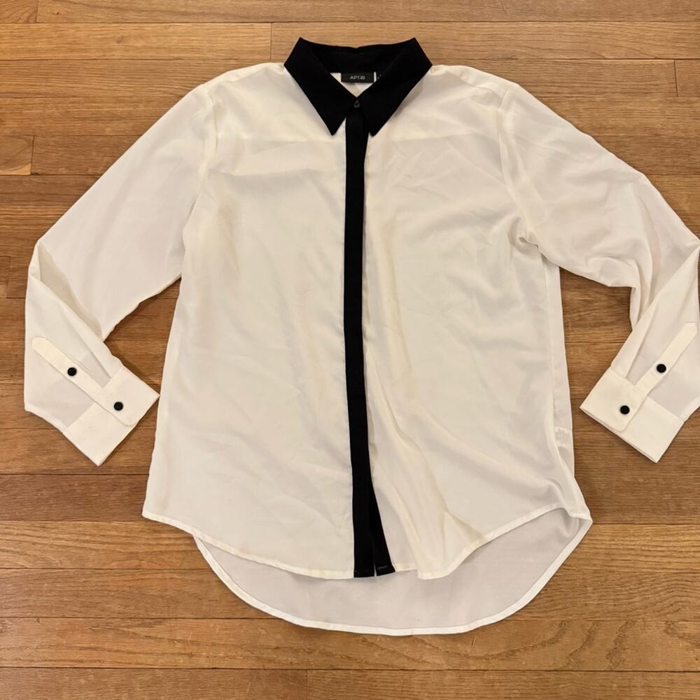 Apt. 9 white black button-down long sleeve blouse shirt top size large L
 b57